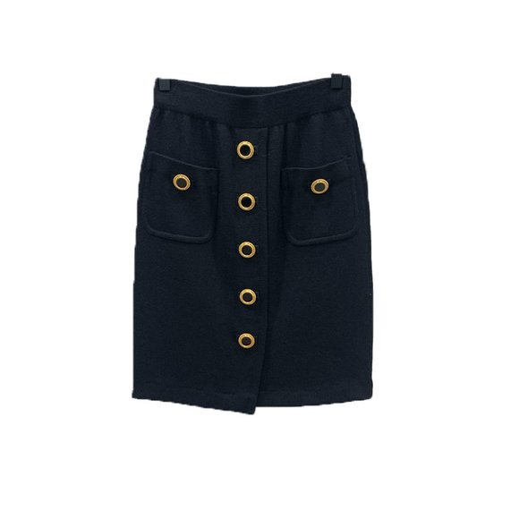 Black Knit Skirt Gold Button Details Pencil Skirt Balmain Style EUC 2 Small - Picture 1 of 7